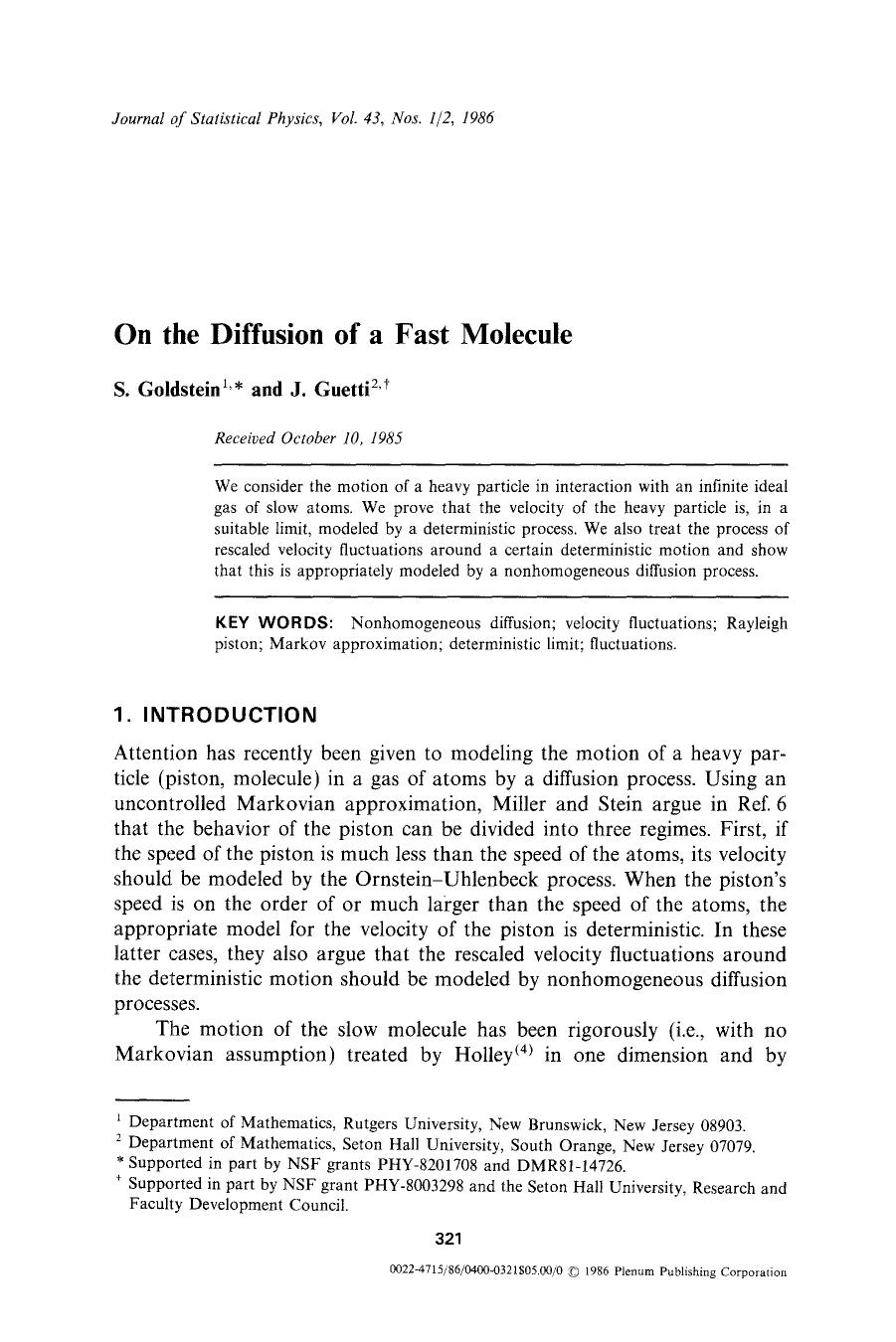On the diffusion of a fast molecule by Unknown
