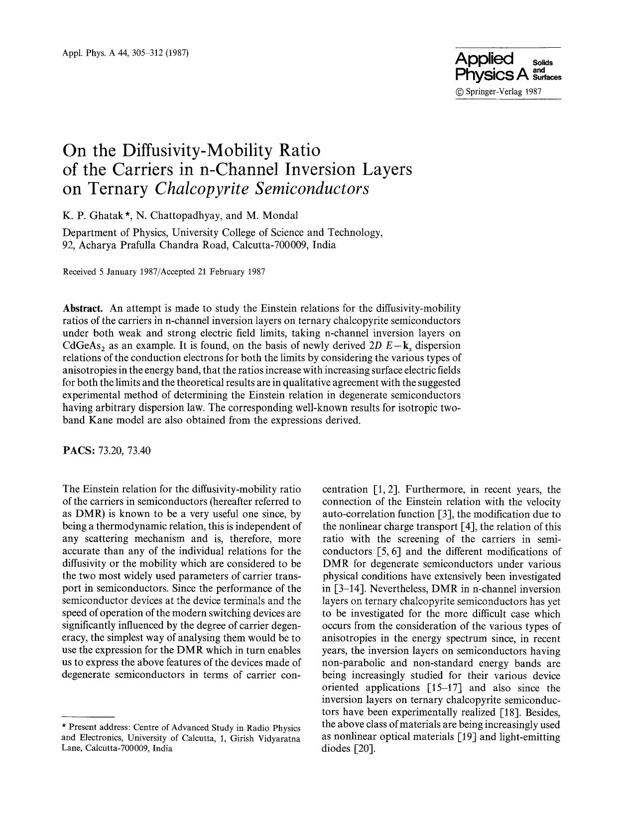 On the diffusivity-mobility ratio of the carriers in n-channel inversion layers on ternary <Emphasis Type="Italic">Chalcopyrite semiconductors <Emphasis> by Unknown