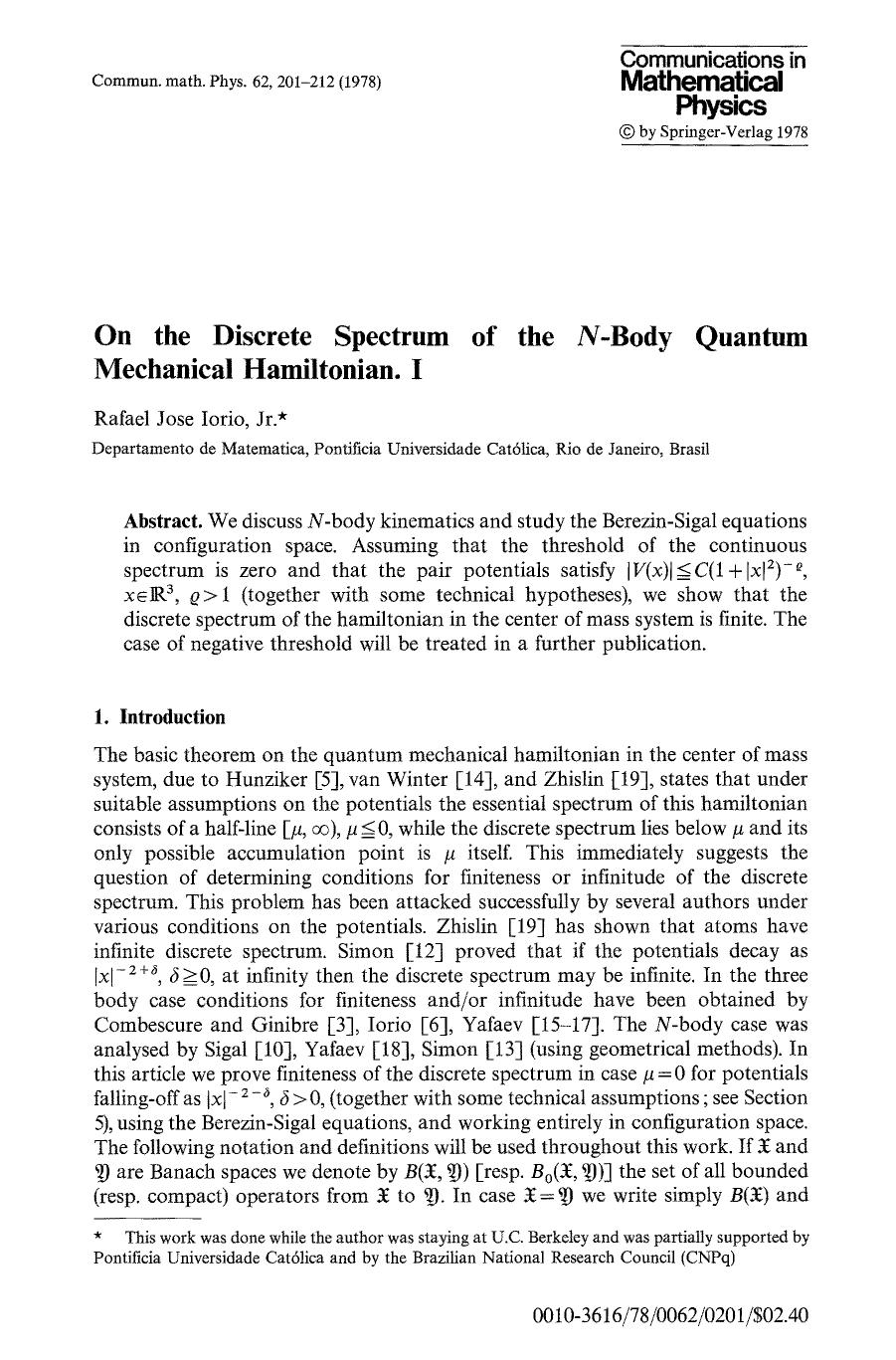 On the discrete spectrum of the <Emphasis Type="Italic">N <Emphasis>-body quantum mechanical hamiltonian. I by Unknown