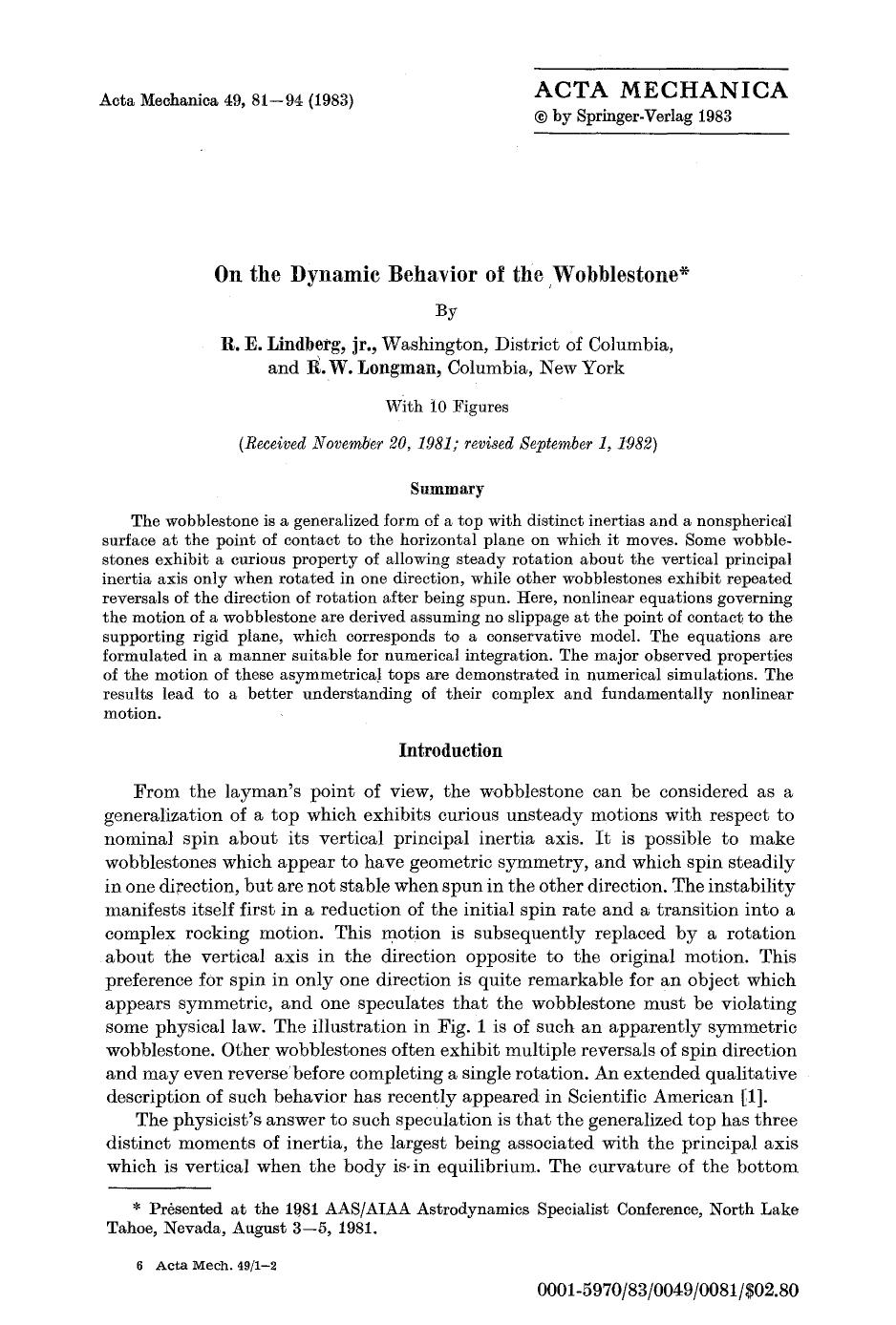 On the dynamic behavior of the wobblestone by Unknown