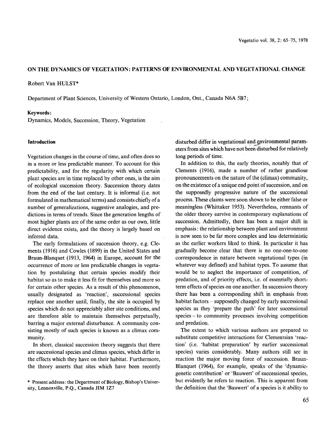 On the dynamics of vegetation: Patterns of environmental and vegetational change by Unknown