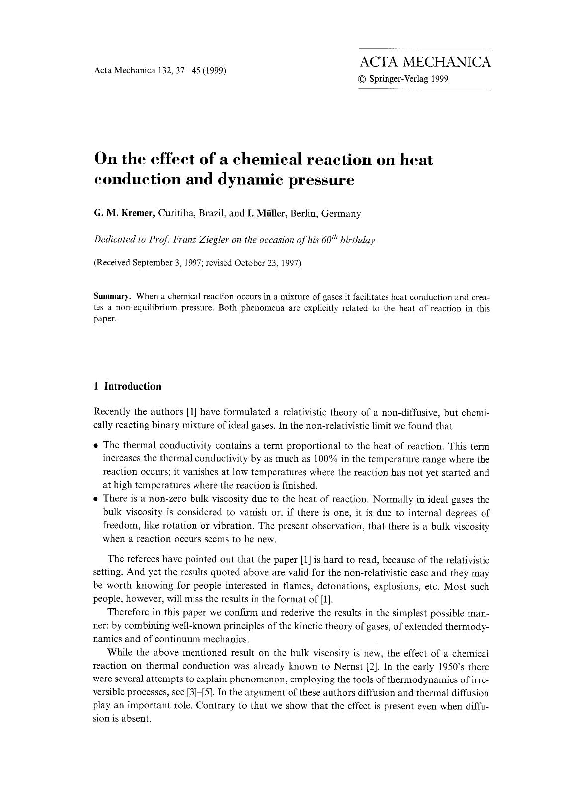 On the effect of a chemical reaction on heat conduction and dynamic pressure by Unknown