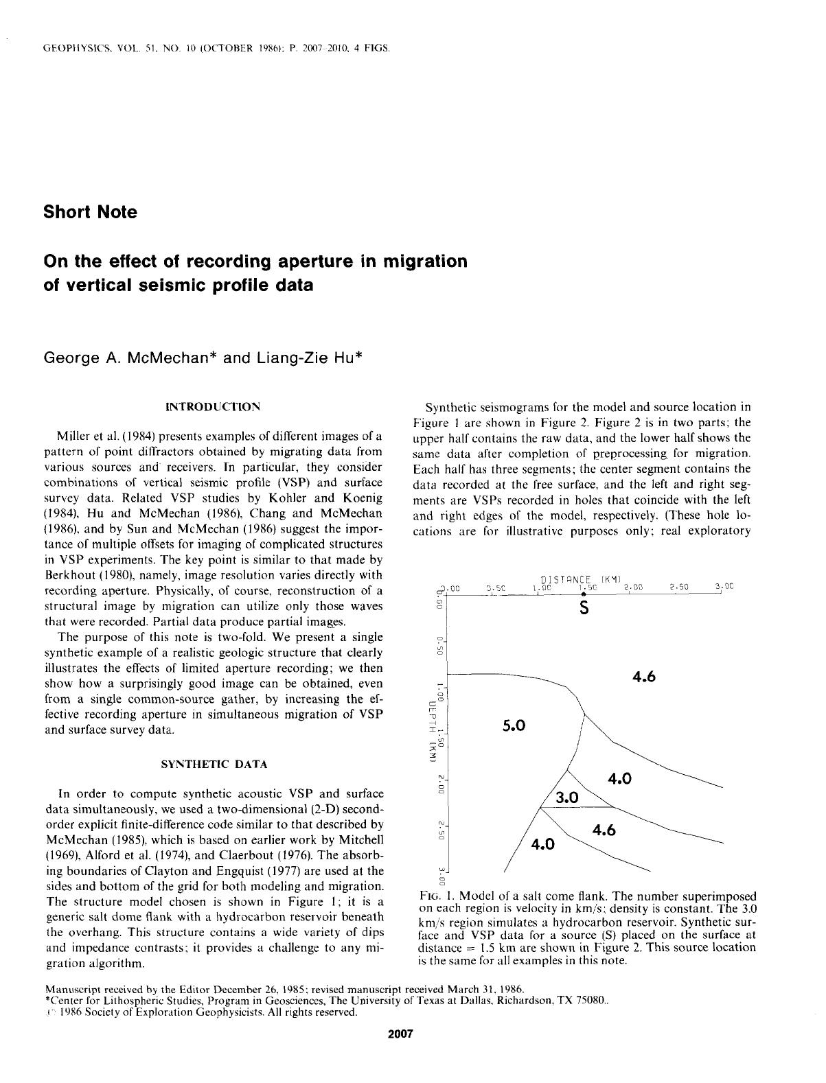On the effect of recording aperture in migration of vertical seismic profile data: SHORT NOTE by McMechan G.; Hu L. Z