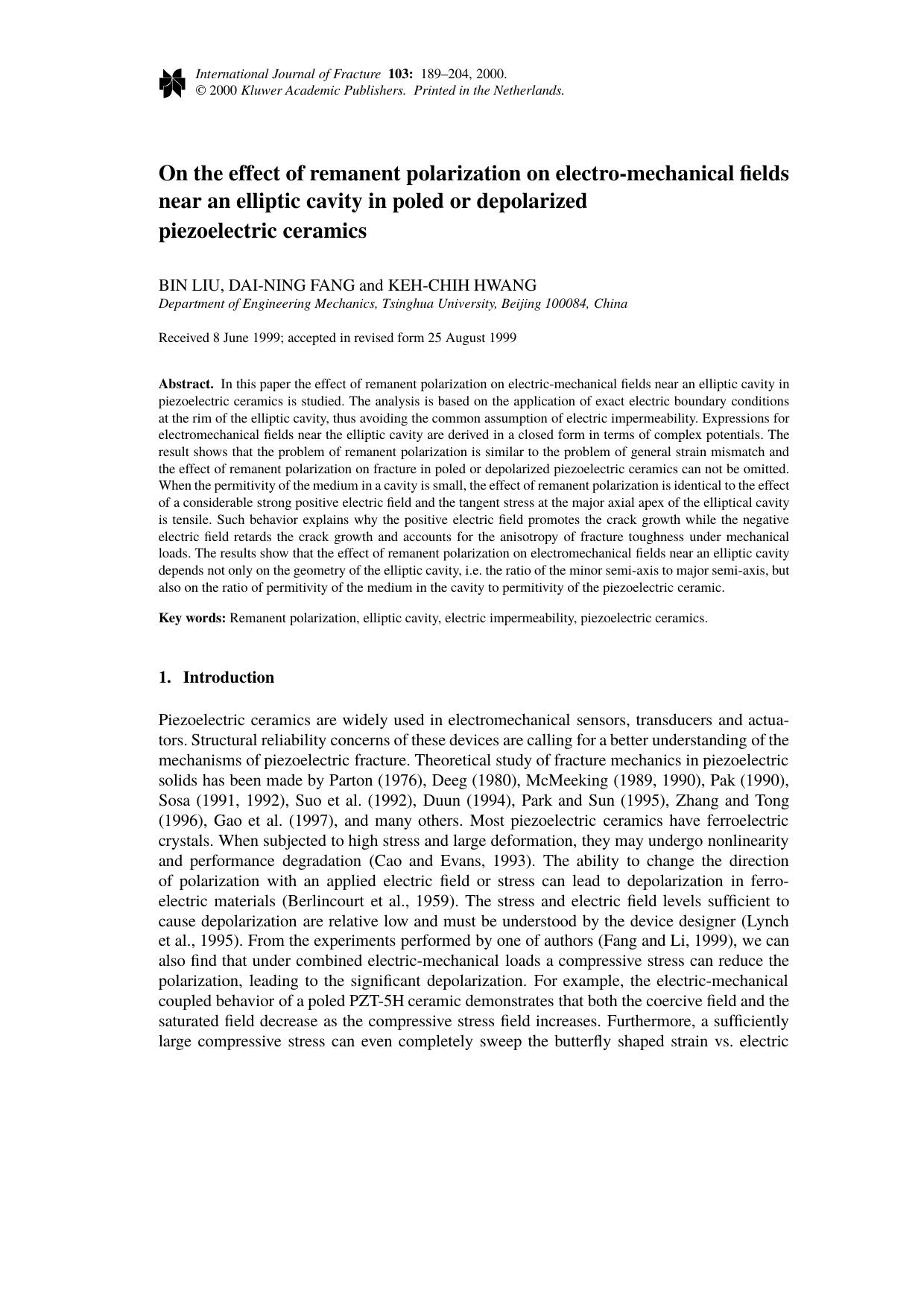 On the effect of remanent polarization on electro-mechanical fields near an elliptic cavity in poled or depolarized piezoelectric ceramics by Unknown