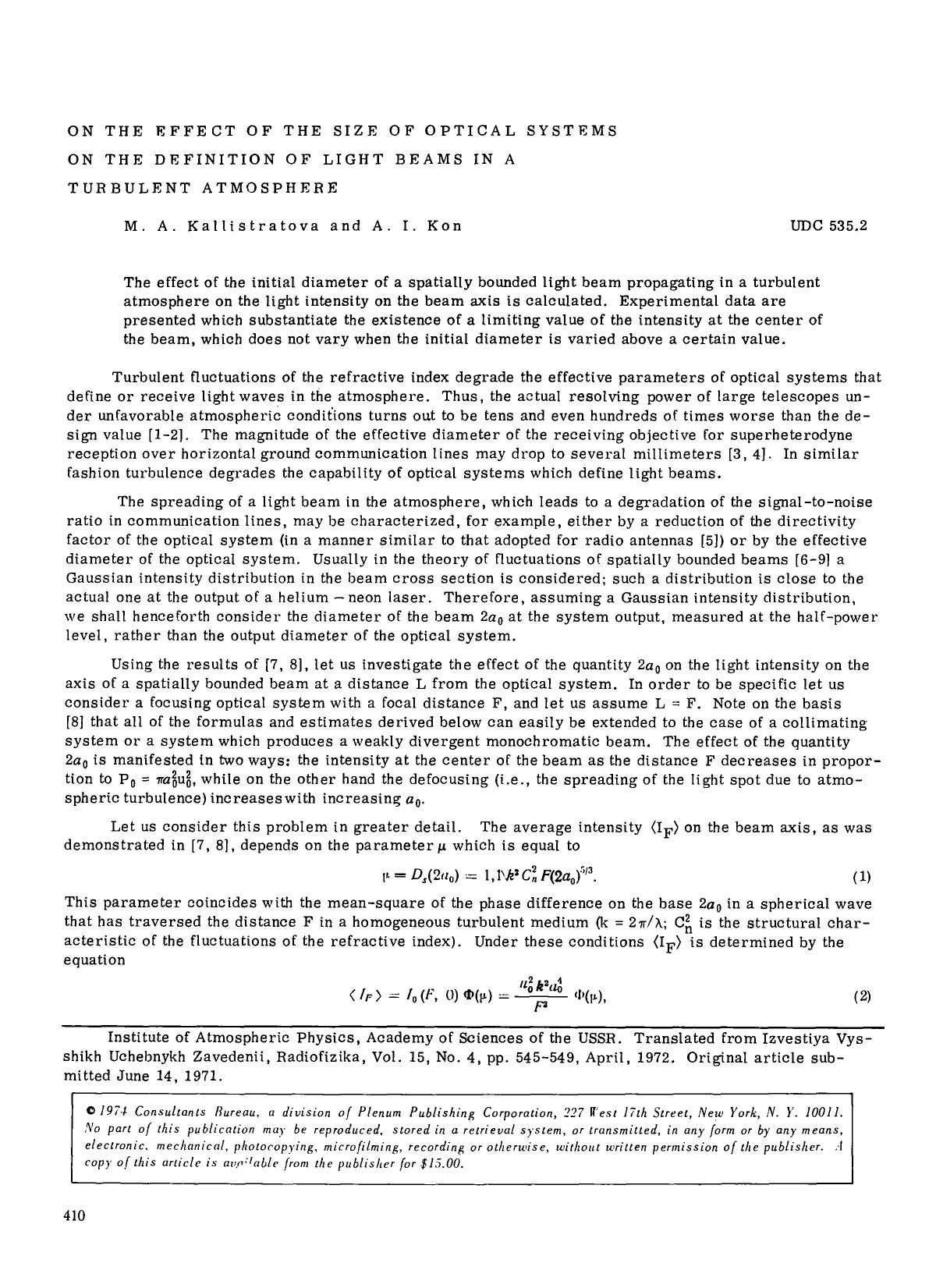 On the effect of the size of optical systems on the definition of light beams in a turbulent atmosphere by Unknown