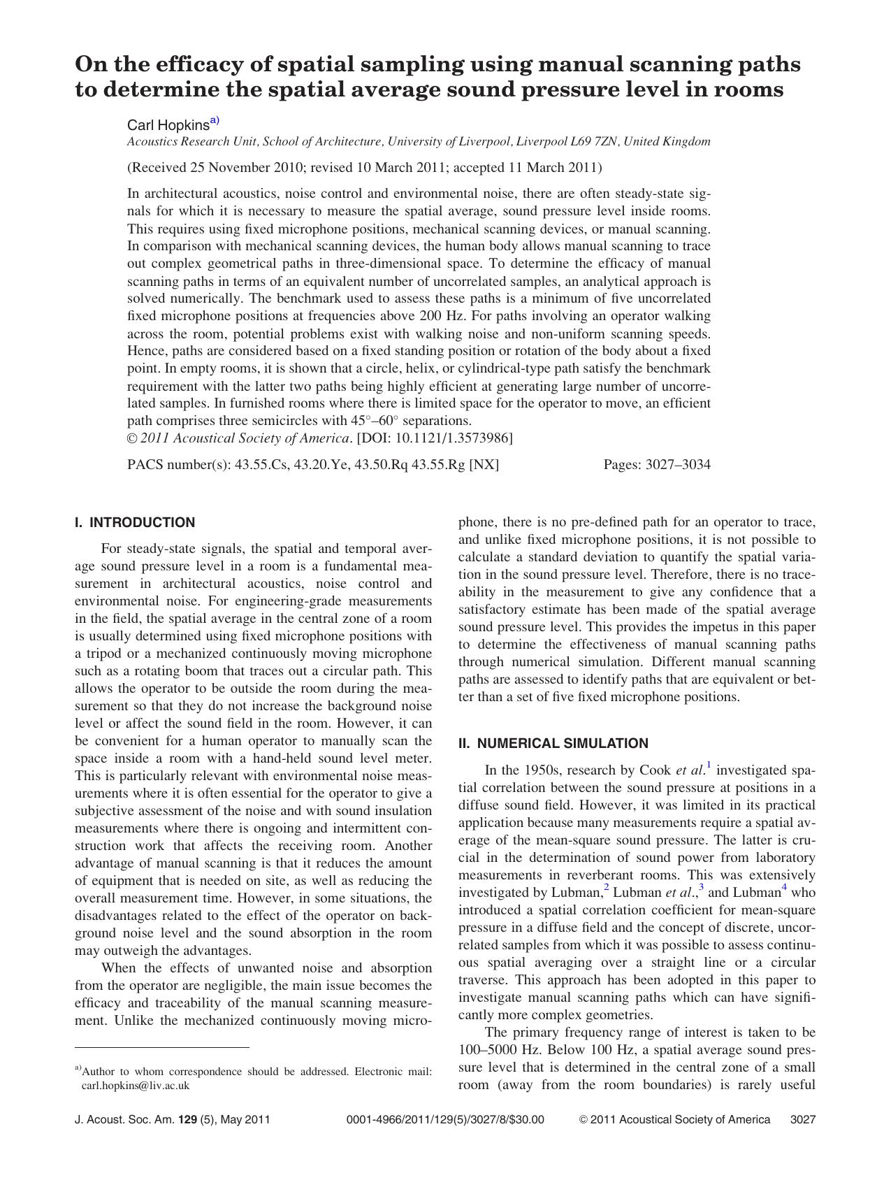 On the efficacy of spatial sampling using manual scanning paths to determine the spatial average sound pressure level in rooms by Carl Hopkins