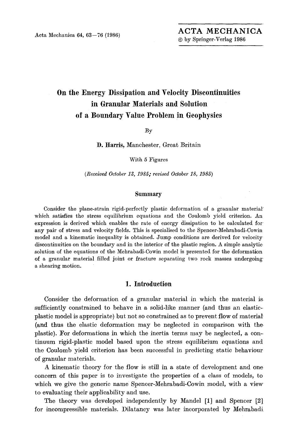 On the energy dissipation and velocity discontinuities in granular materials and solution of a boundary value problem in geophysics by Unknown