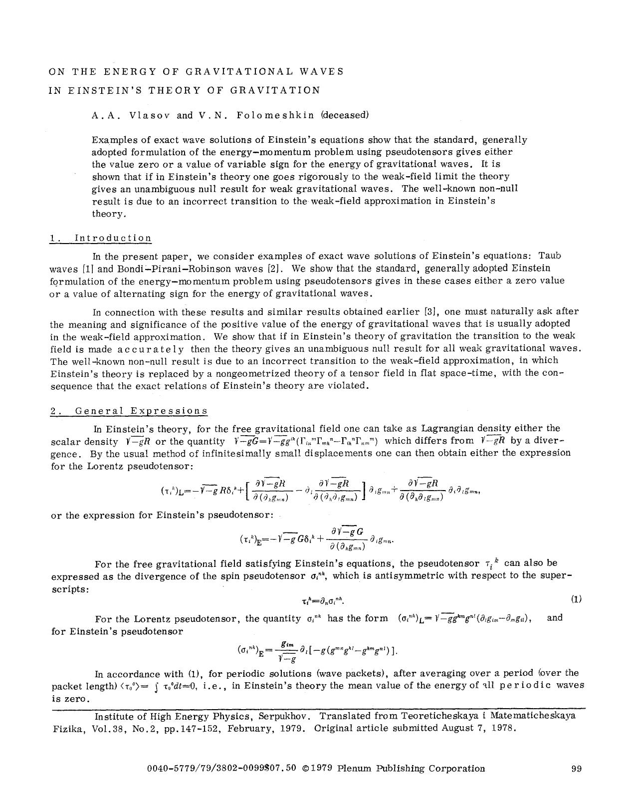 On the energy of gravitational waves in Einstein's theory of gravitation by Unknown