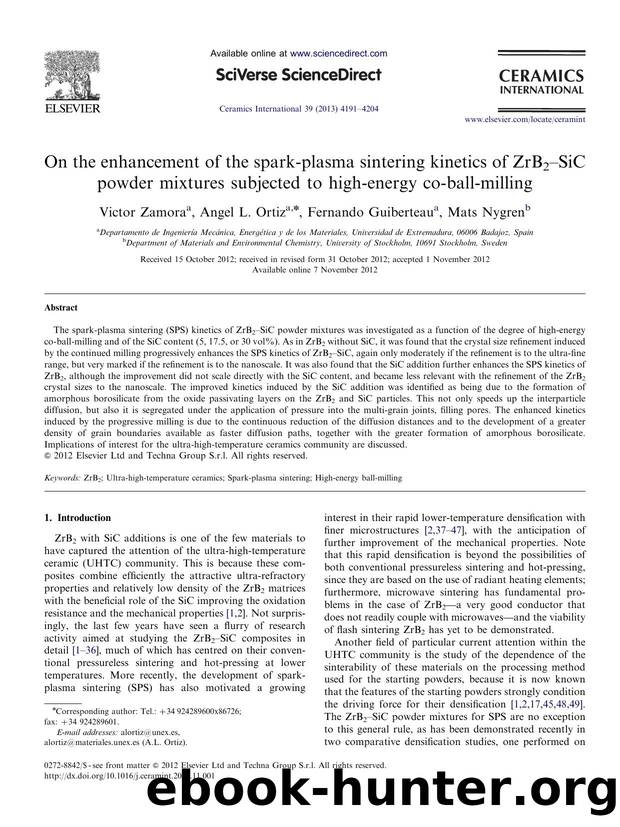On the enhancement of the spark-plasma sintering kinetics of ZrB2âSiC powder mixtures subjected to high-energy co-ball-milling by Victor Zamora & Angel L. Ortiz & Fernando Guiberteau & Mats Nygren
