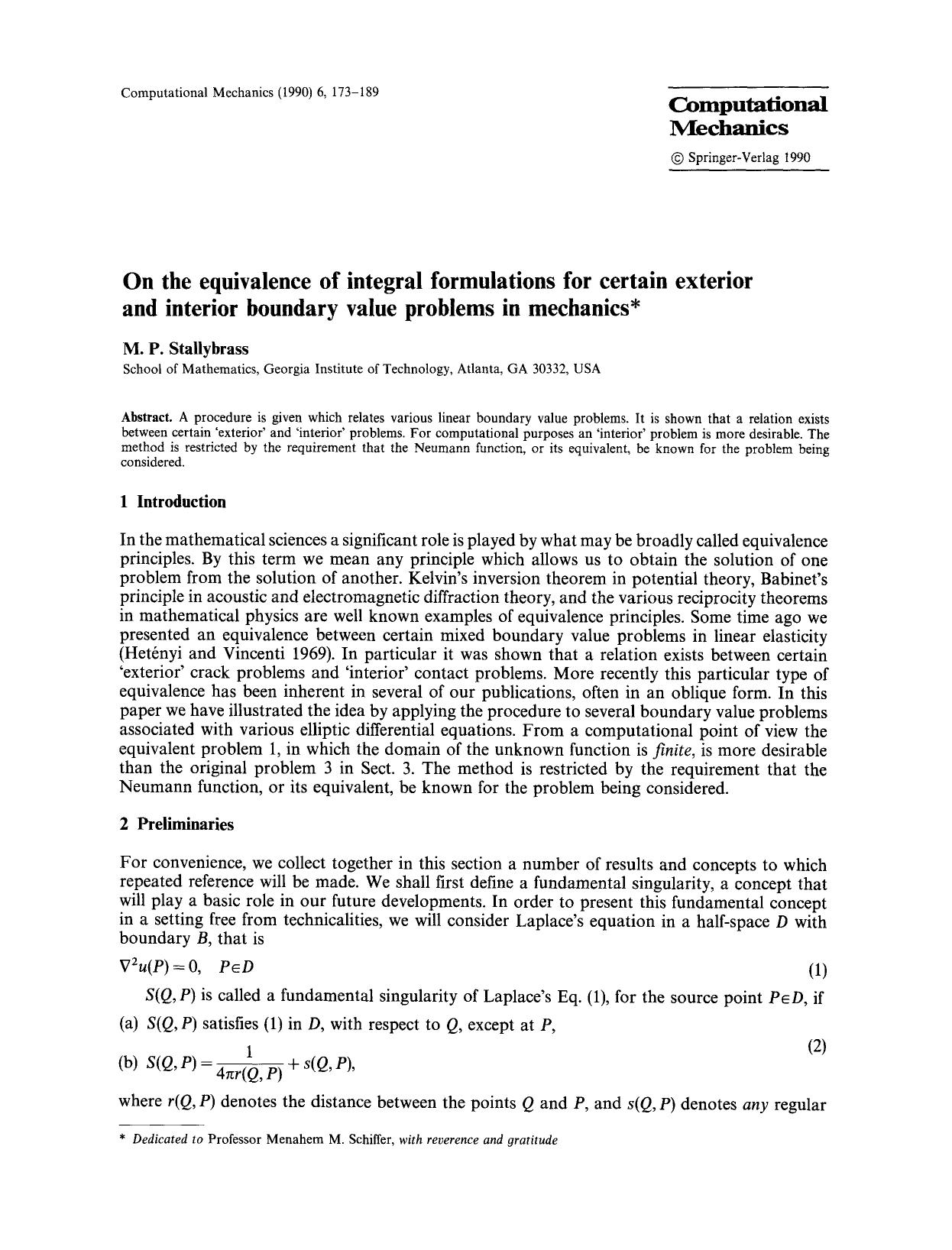 On the equivalence of integral formulations for certain exterior and interior boundary value problems in mechanics by Unknown