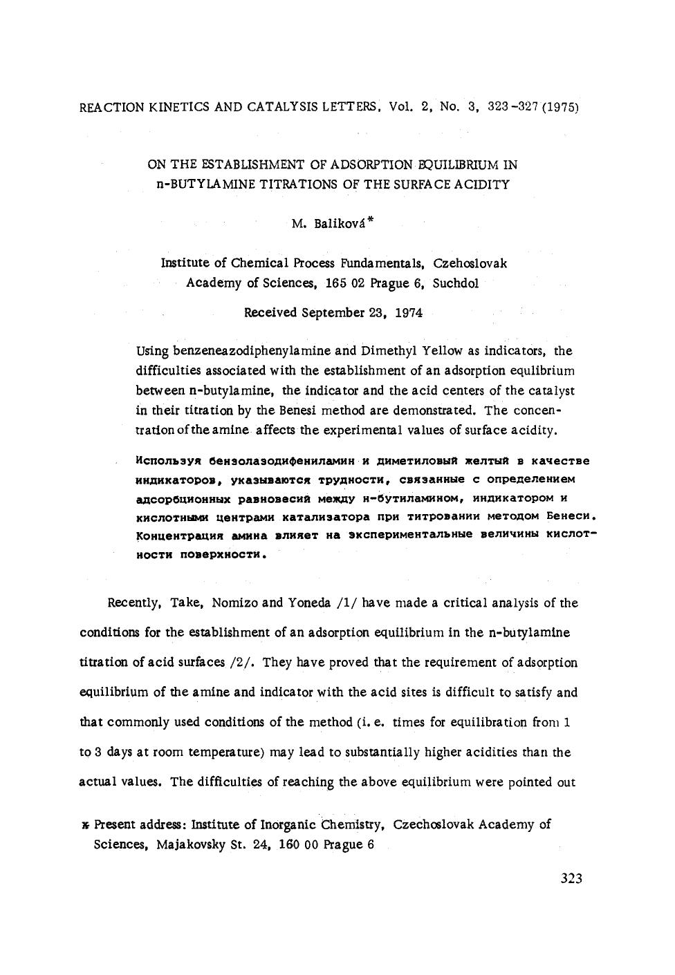 On the establishment of adsorption equilibrium in n-butylamine titrations of the surface acidity by Unknown