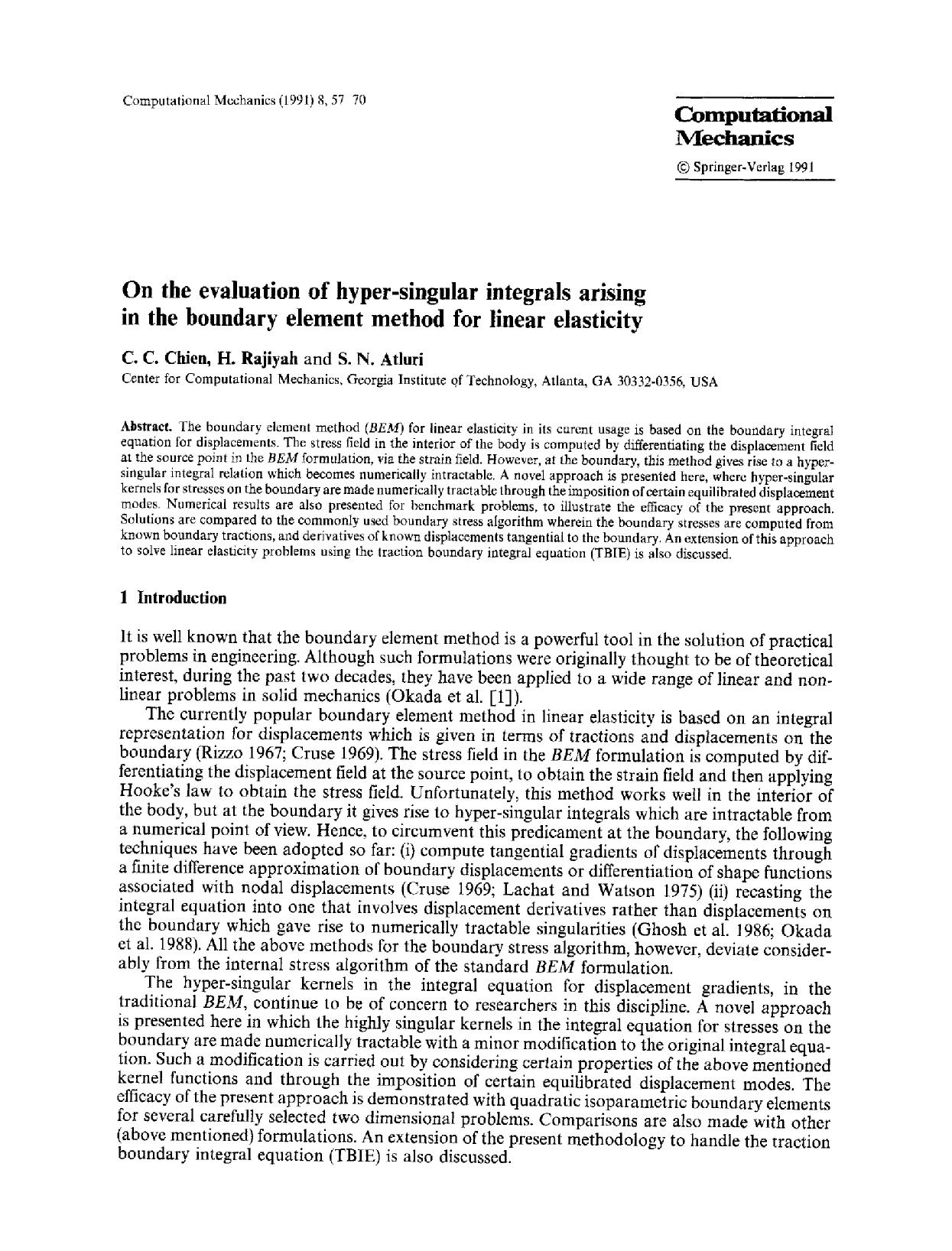 On the evaluation of hyper-singular integrals arising in the boundary element method for linear elasticity by Unknown