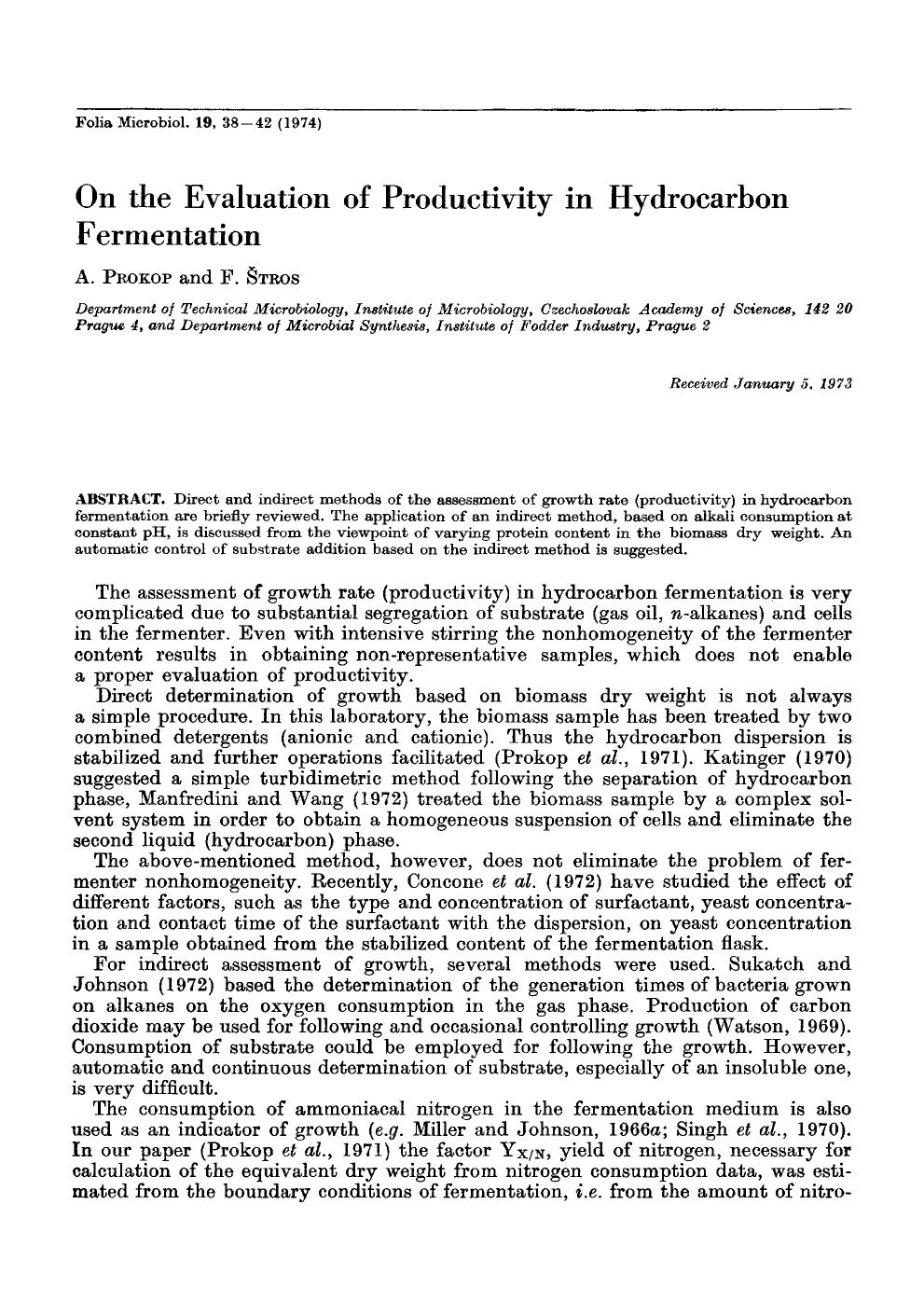 On the evaluation of productivity in hydrocarbon fermentation by Unknown