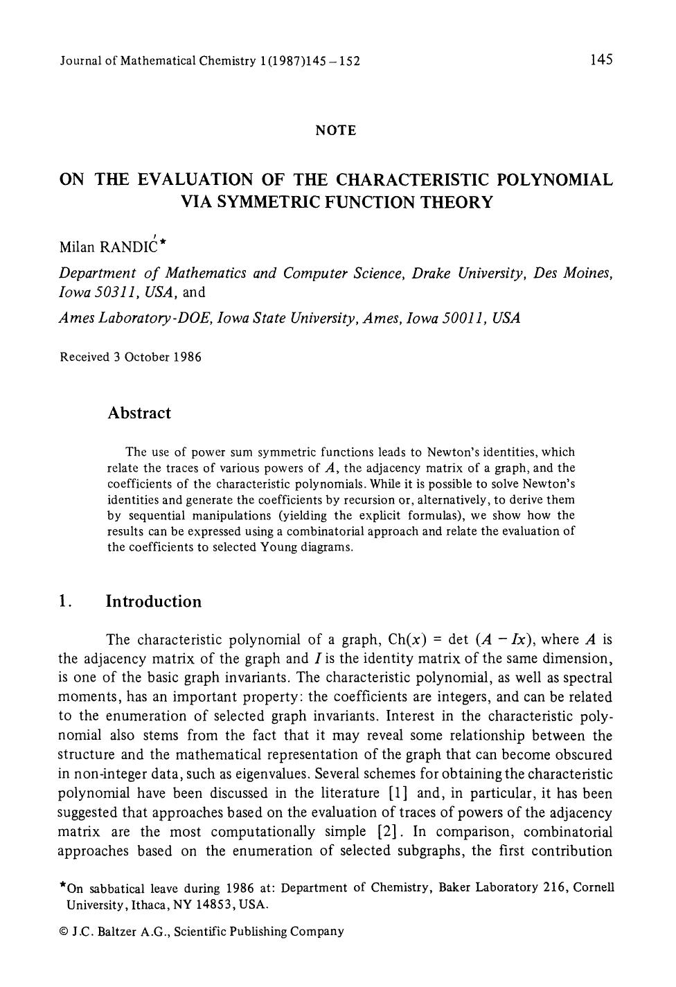 On the evaluation of the characteristic polynomial via symmetric function theory by Unknown