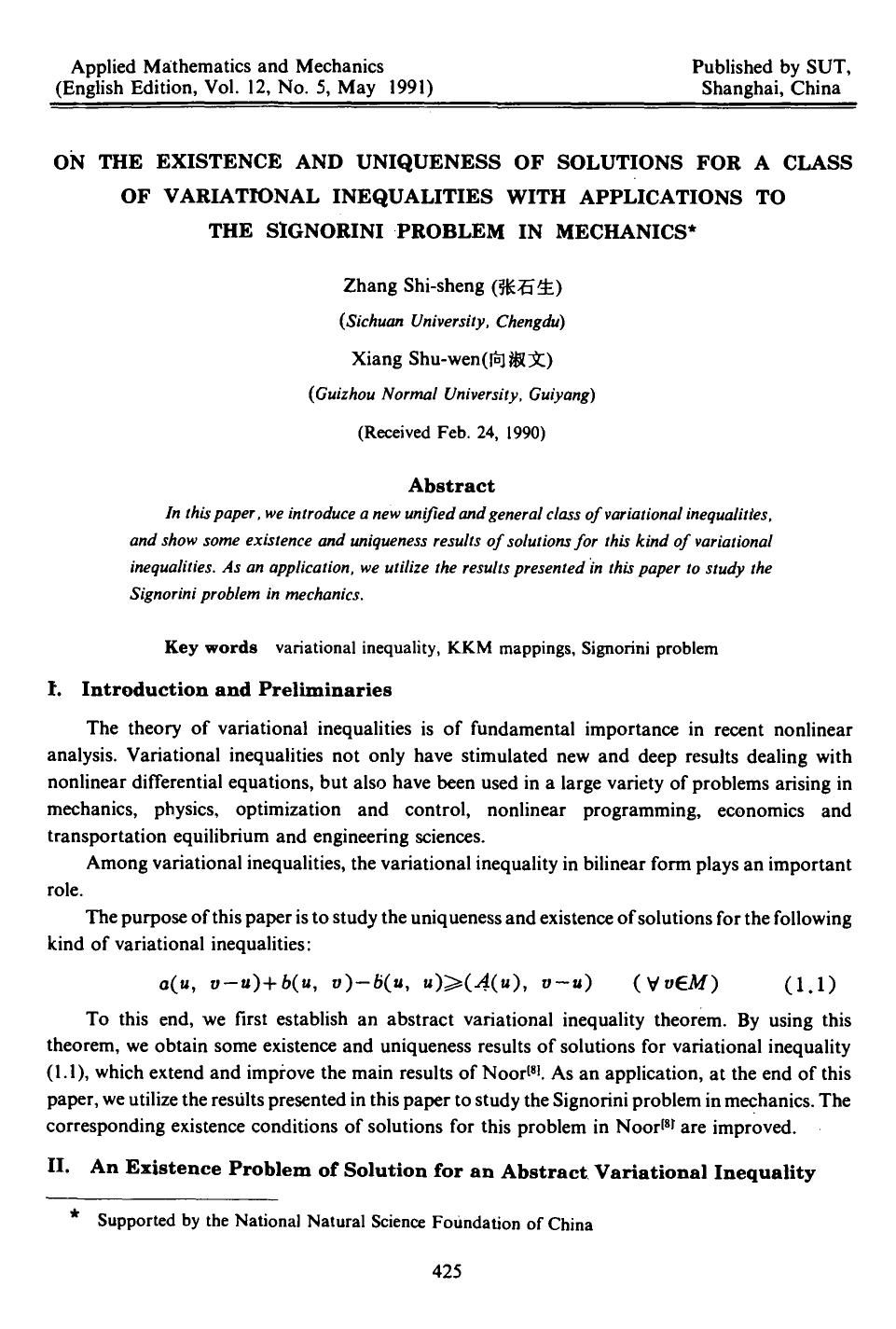 On the existence and uniqueness of solutions for a class of variational inequalities with applications to the signorini problem in mechanics by Unknown