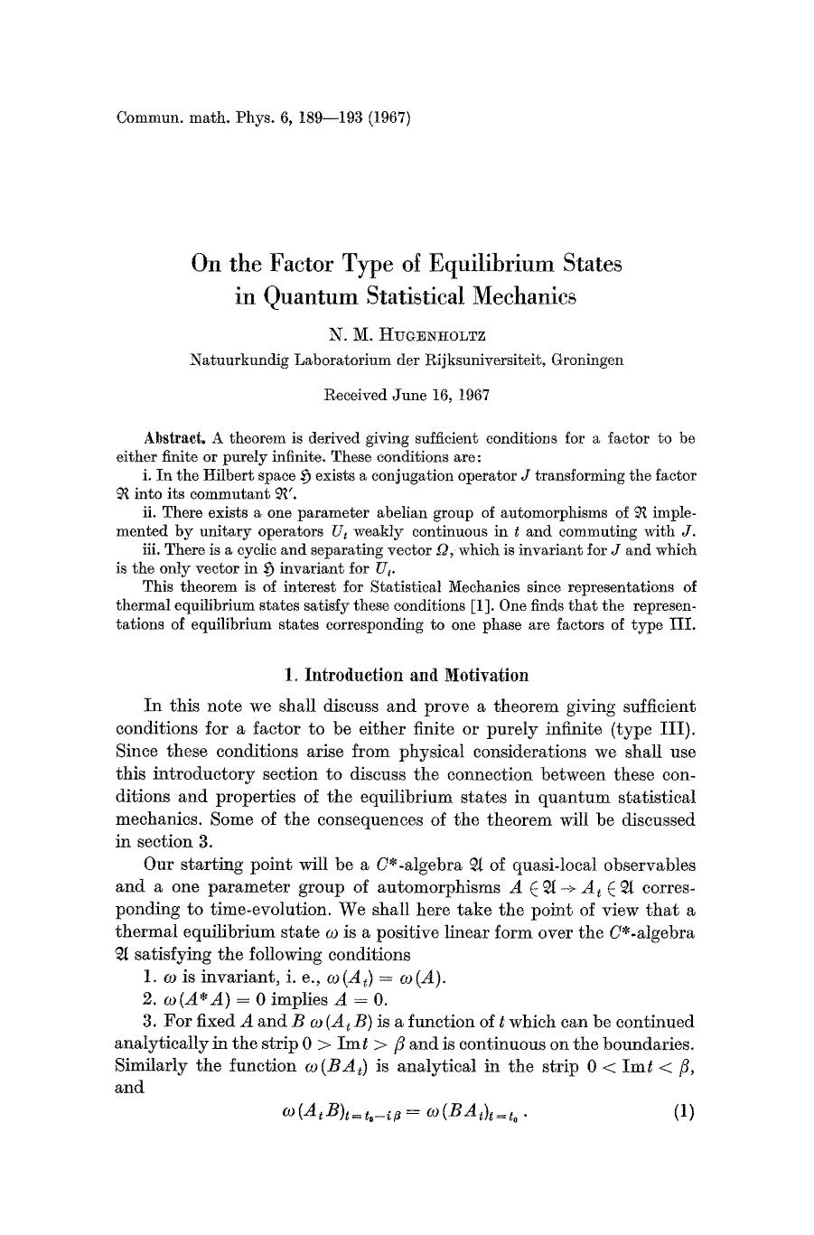 On the factor type of equilibrium states in quantum Statistical Mechanics by Unknown