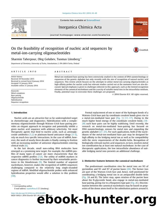 On the feasibility of recognition of nucleic acid sequences by metal-ion-carrying oligonucleotides by Sharmin Taherpour & Oleg Golubev & Tuomas Lönnberg