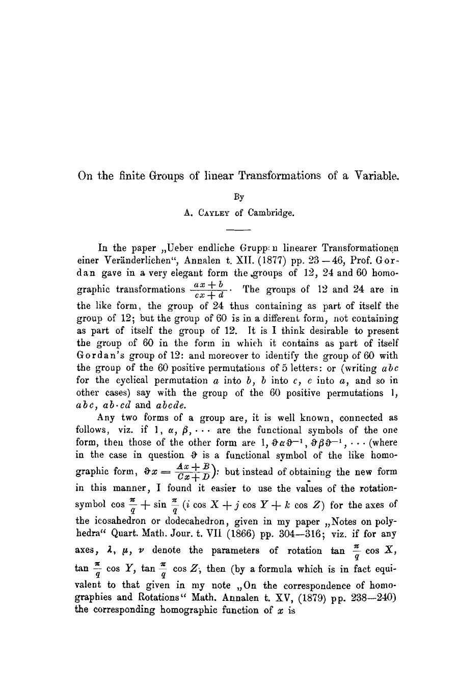 On the finite groups of linear transformations of a variable by Unknown