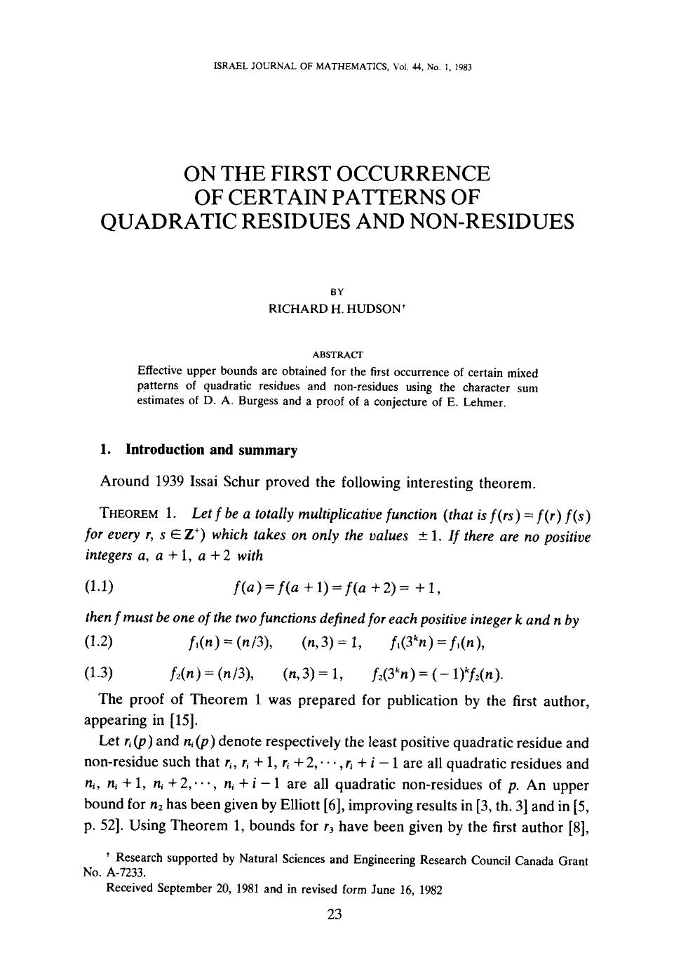 On the first occurrence of certain patterns of quadratic residues and non-residues by Unknown