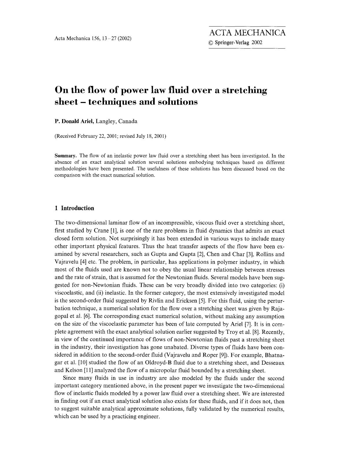 On the flow of power law fluid over a stretching sheet-techniques and solutions by Unknown