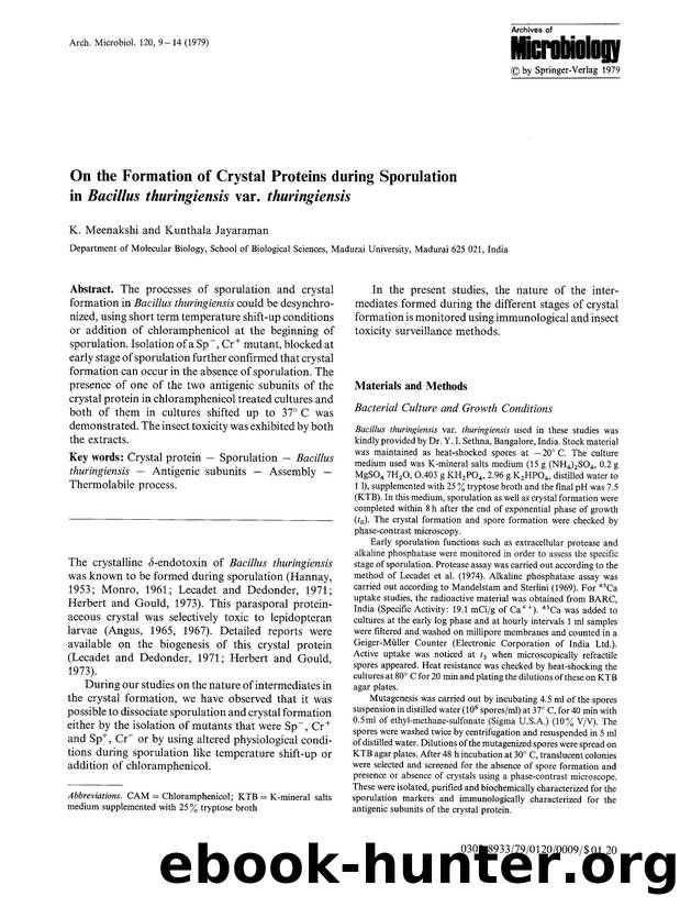 On the formation of crystal proteins during sporulation in <Emphasis Type="Italic">Bacillus thuringiensis<Emphasis> var. <Emphasis Type="Italic">thuringiensis<Emphasis> by Unknown