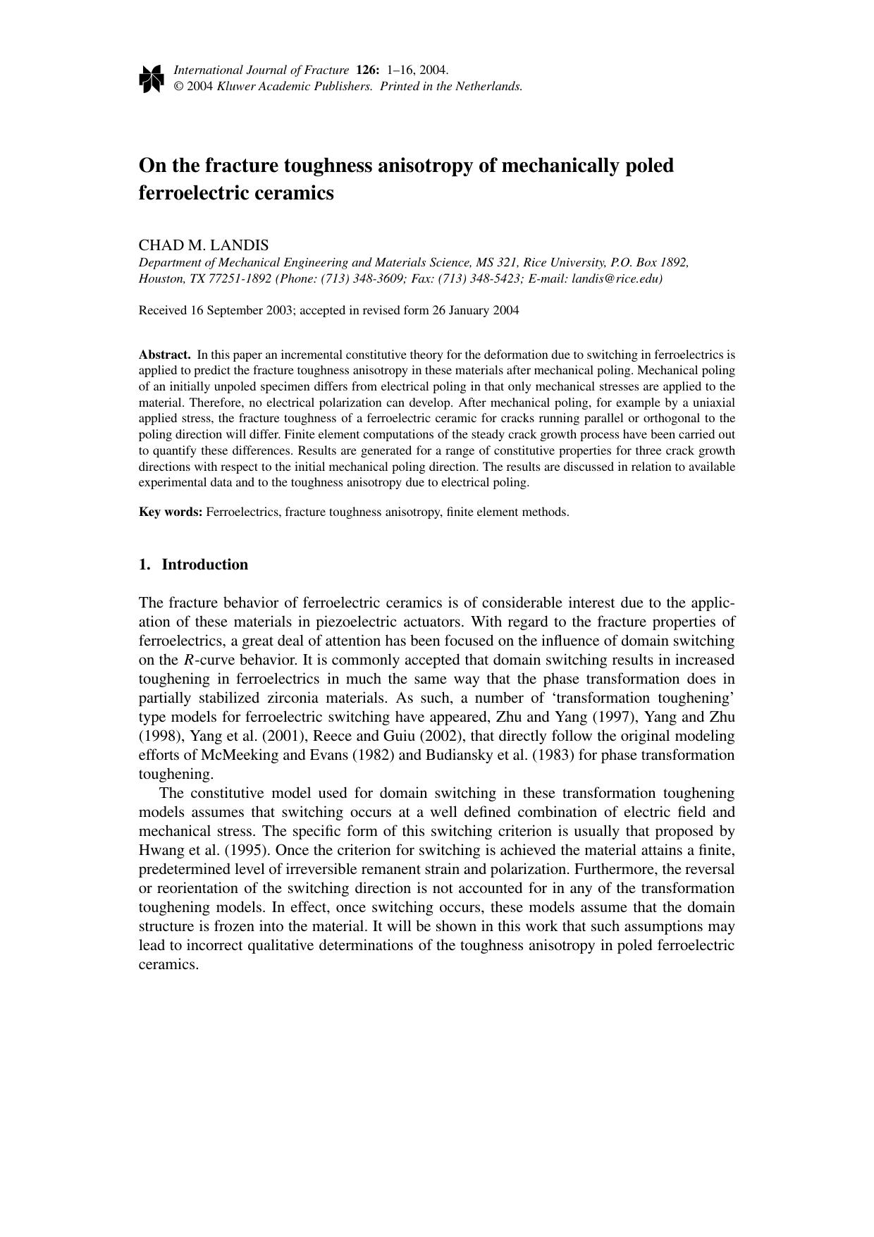 On the fracture toughness anisotropy of mechanically poled ferroelectric ceramics by Unknown