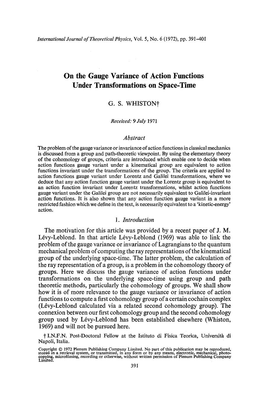 On the gauge variance of action functions under transformations on space-time by Unknown