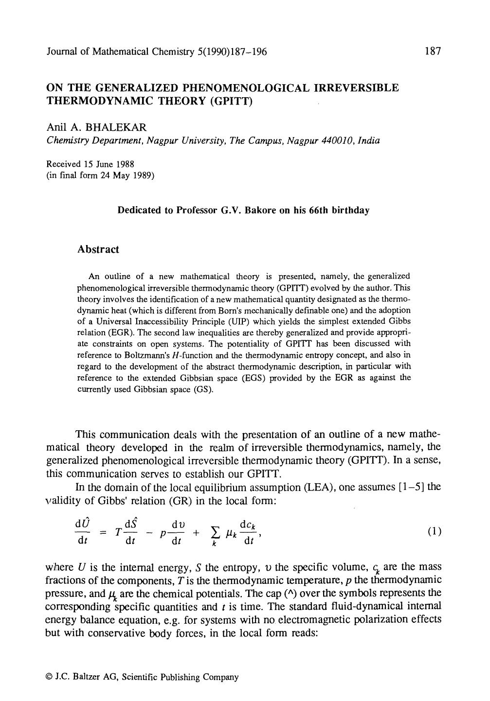 On the generalized phenomenological irreversible thermodynamic theory (GPITT) by Unknown