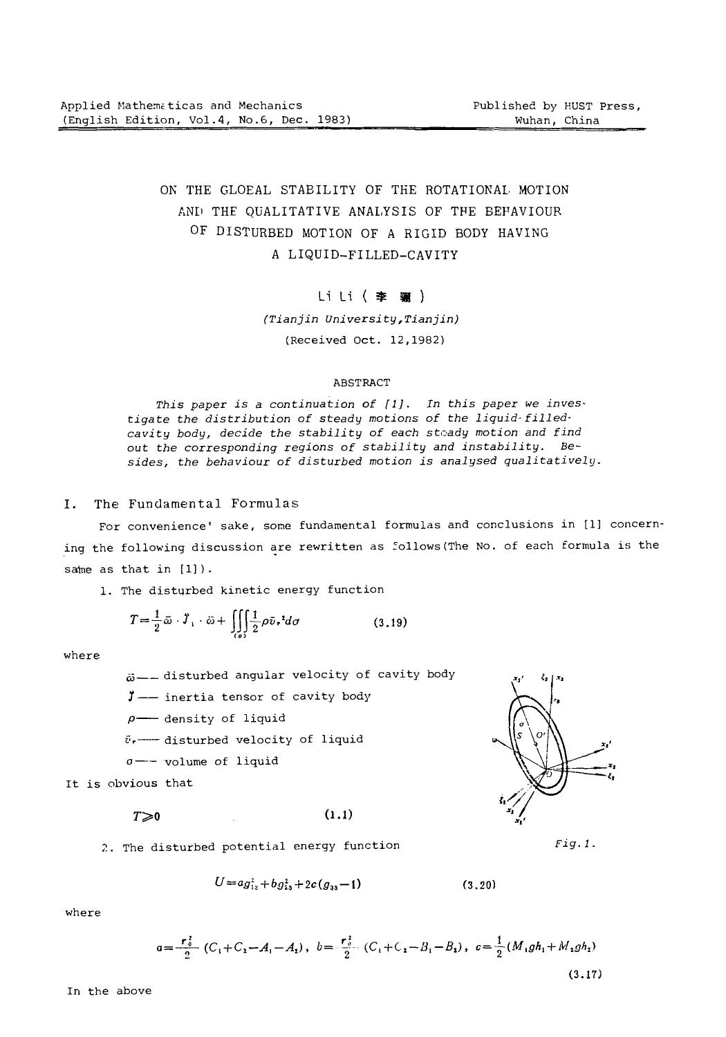 On the gloeal stability of the rotational motion and the qualitative analysis of the behaviour of disturbed motion of a rigid body having a liquid-filled-cavity by Unknown
