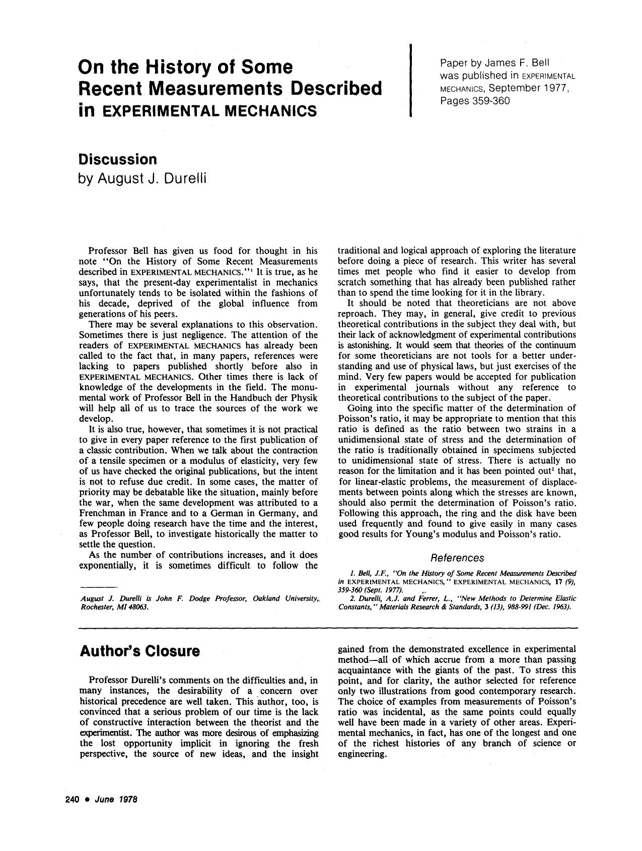On the history of some recent measurements described in <Emphasis Type="SmallCaps">experimental mechanics <Emphasis> by Unknown