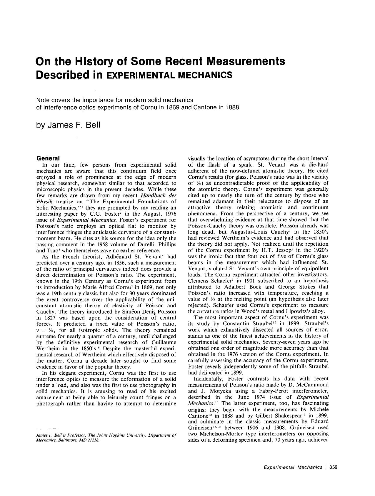 On the history of some recent measurements described in Experimental Mechanics by Unknown