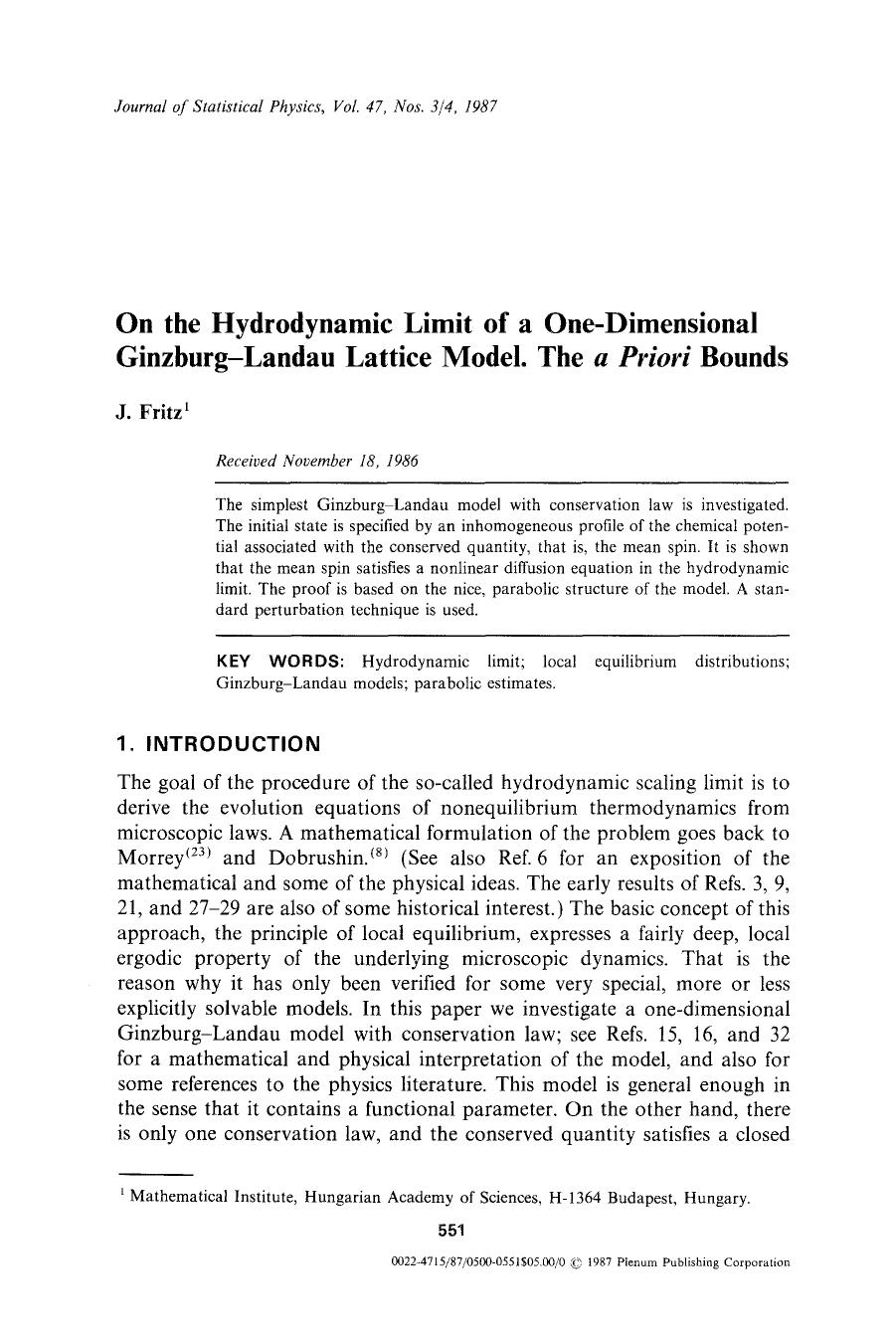 On the hydrodynamic limit of a one-dimensional Ginzburg-Landau lattice model. The <Emphasis Type="Italic">a <Emphasis> priori bounds by Unknown