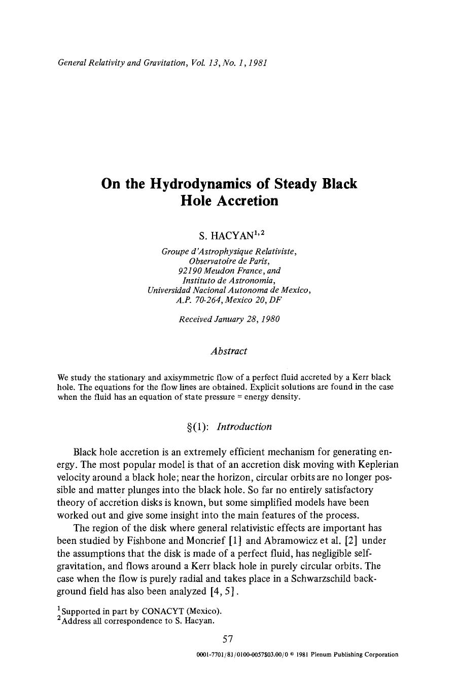 On the hydrodynamics of steady black hole accretion by Unknown