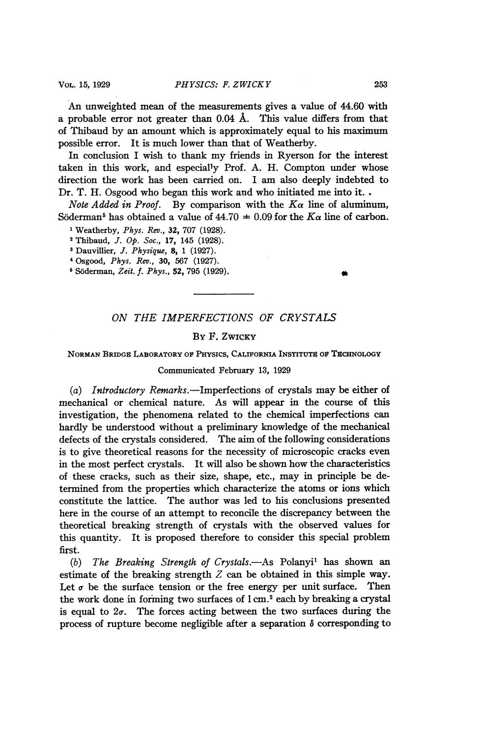 On the imperfections of crystals by Zwicky F