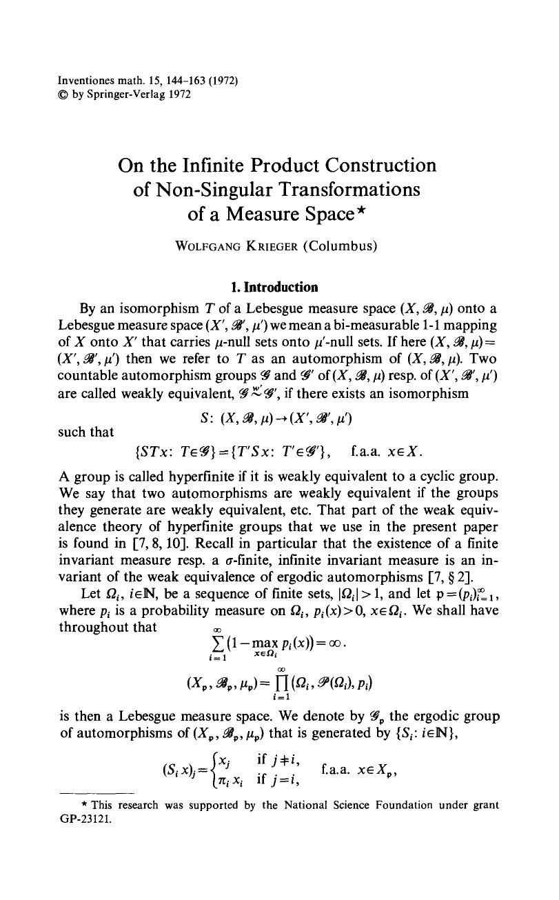 On the infinite product construction of non-singular transformations of a measure space by Unknown