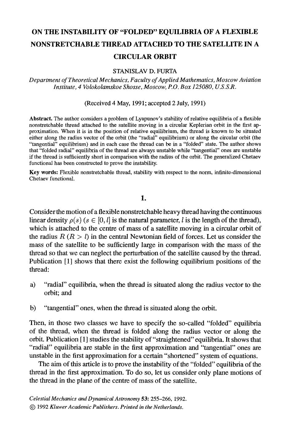 On the instability of “folded” equilibria of a flexible nonstretchable thread attached to the satellite in a circular orbit by Unknown