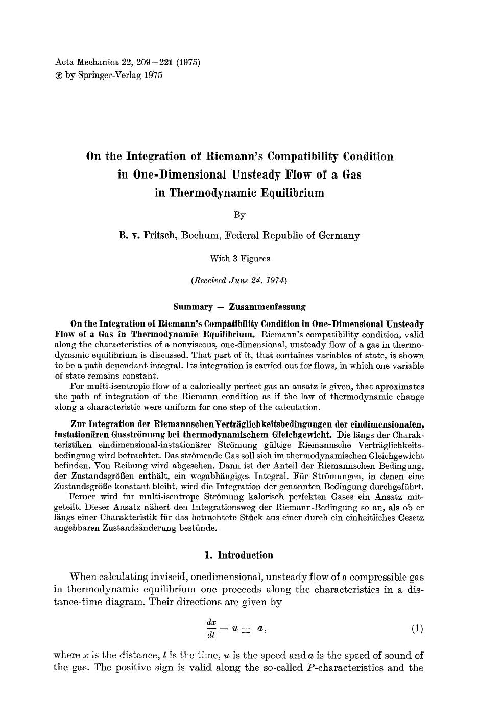 On the integration of Riemann's compatibility condition in one-dimensional unsteady flow of a gas in thermodynamic equilibrium by Unknown