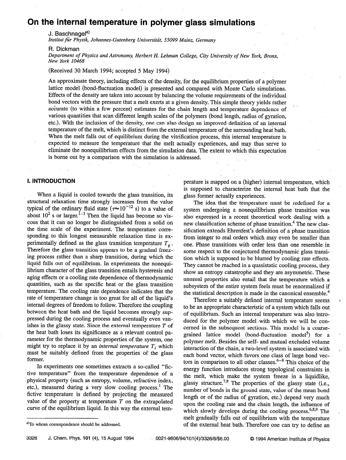 On the internal temperature in polymer glass simulations by J. Baschnagel; R. Dickman