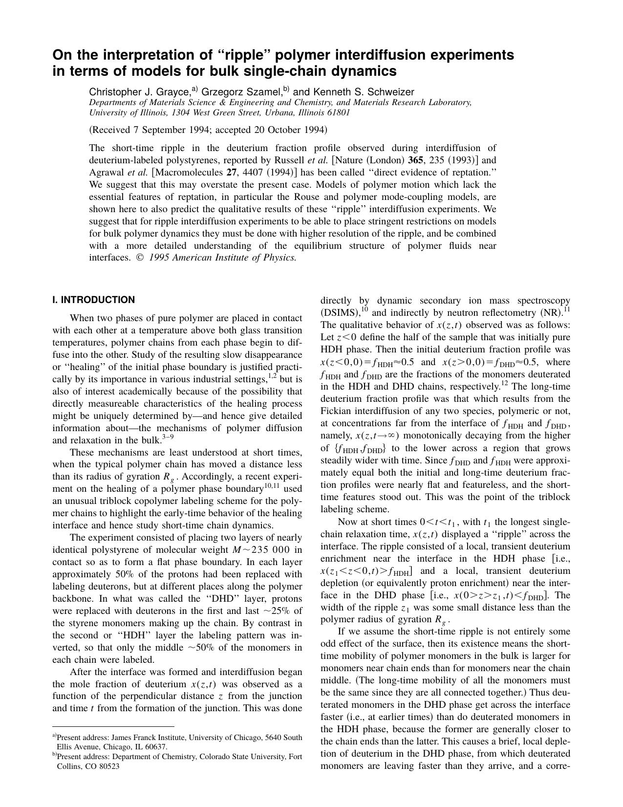 On the interpretation of "ripple" polymer interdiffusion experiments in terms of models for bulk single- chain dynamics by Christopher J. Grayce & Grzegorz Szamel & and Kenneth