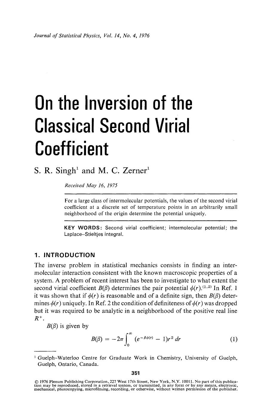 On the inversion of the classical second virial coefficient by Unknown