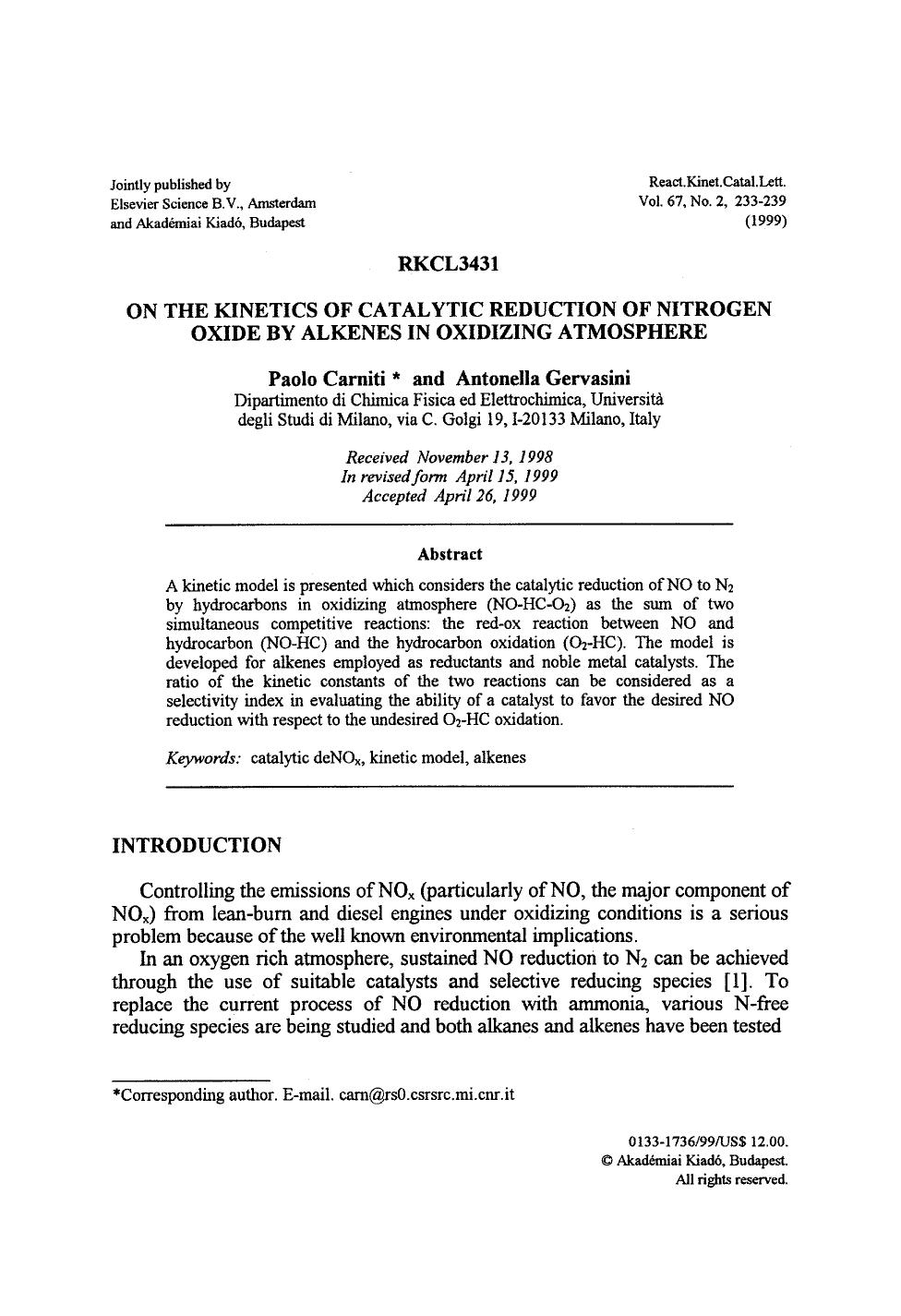 On the kinetics of catalytic reduction of nitrogen oxide by alkenes in oxidizing atmosphere by Unknown