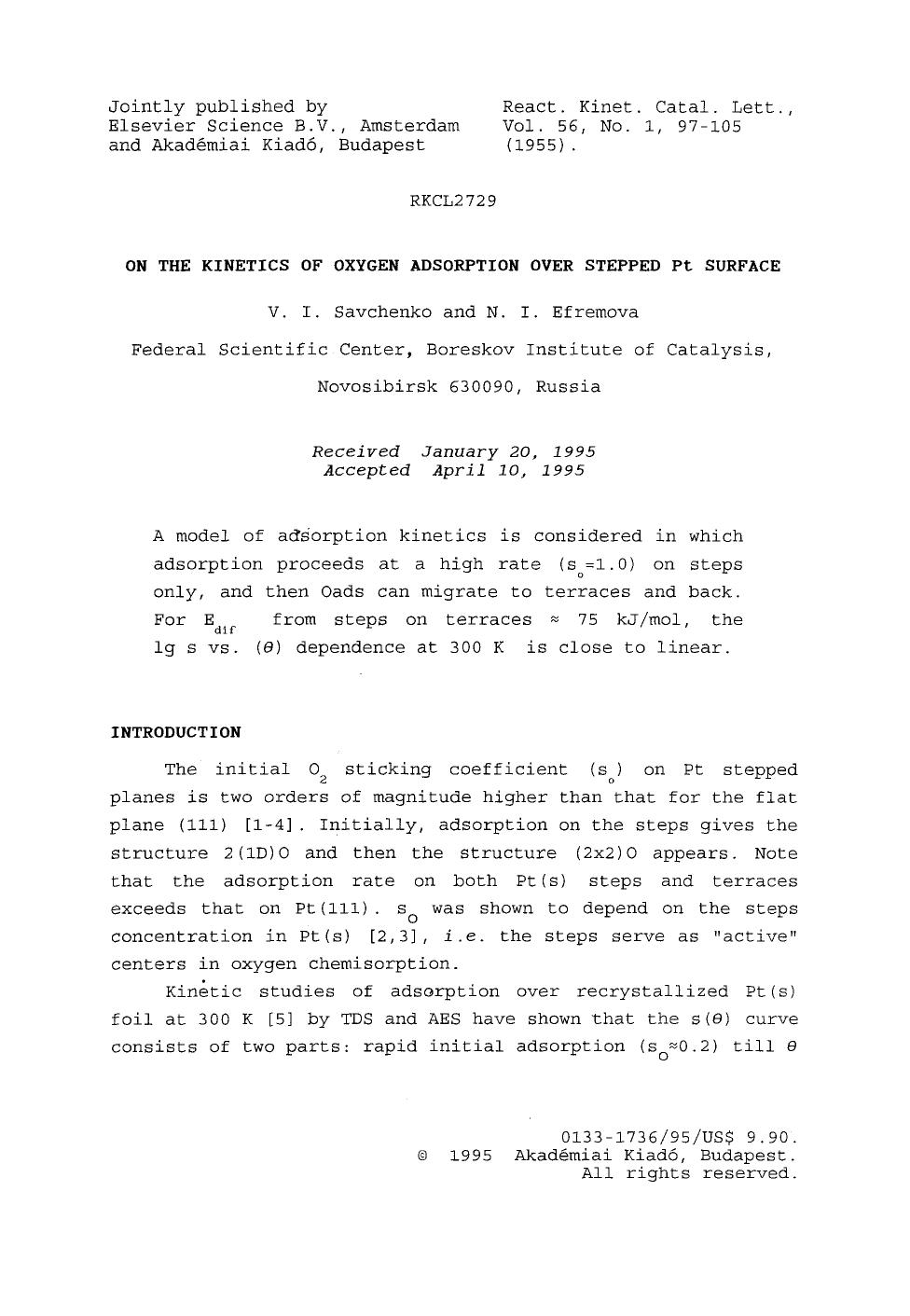 On the kinetics of oxygen adsorption over stepped Pt surface by Unknown