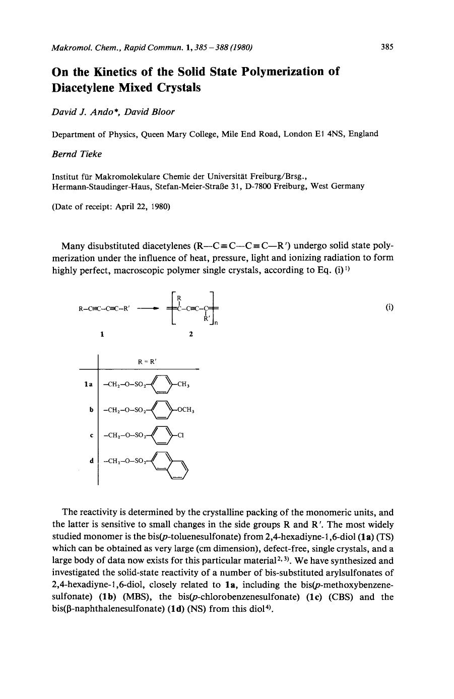 On the kinetics of the solid state polymerization of diacetylene mixed crystals by Unknown