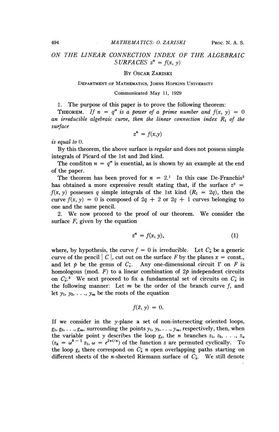 On the linear connection index of the algebraic surfaces z^n=f(x,y) by Zariski O