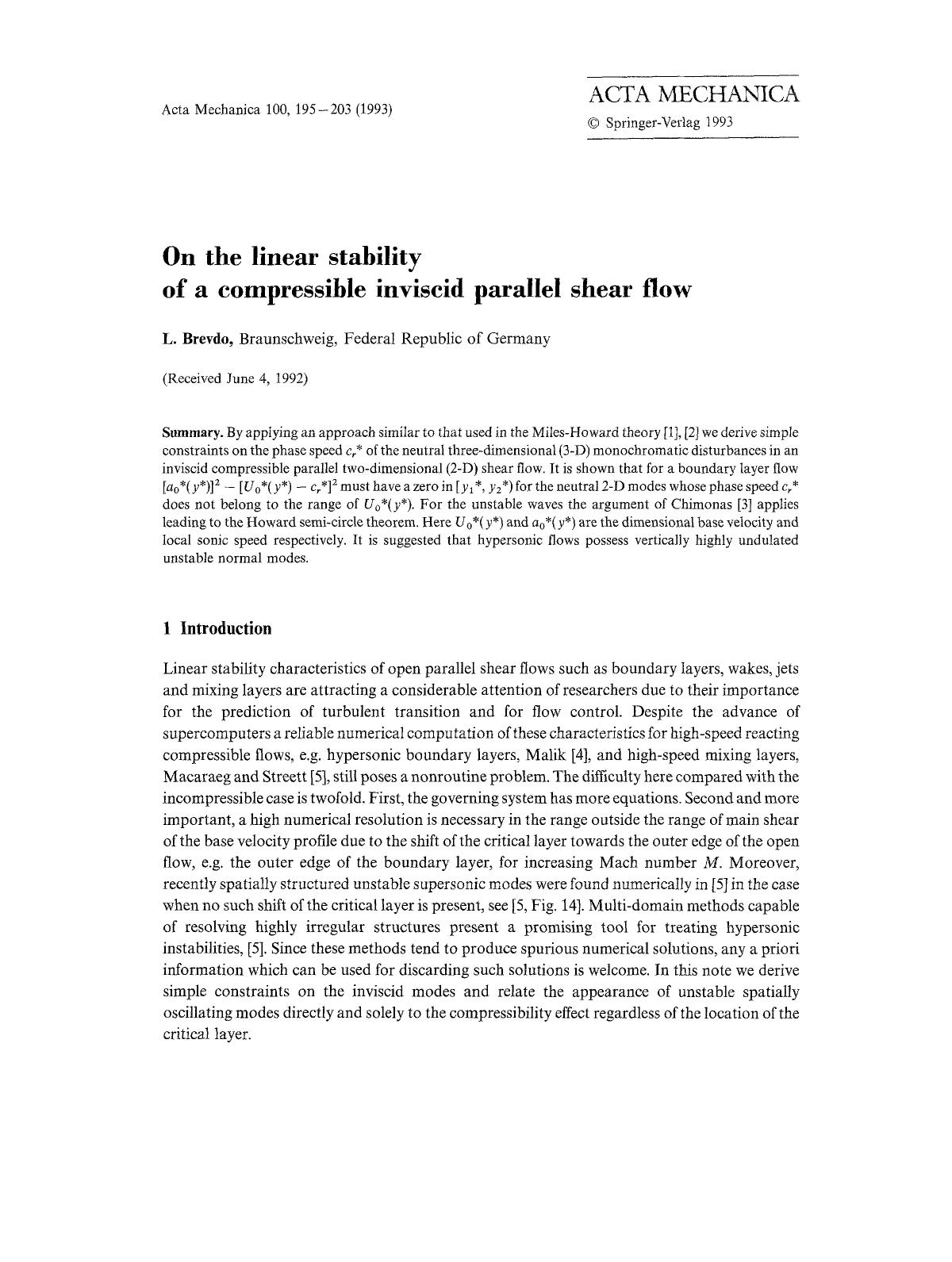 On the linear stability of a compressible inviscid parallel shear flow by Unknown