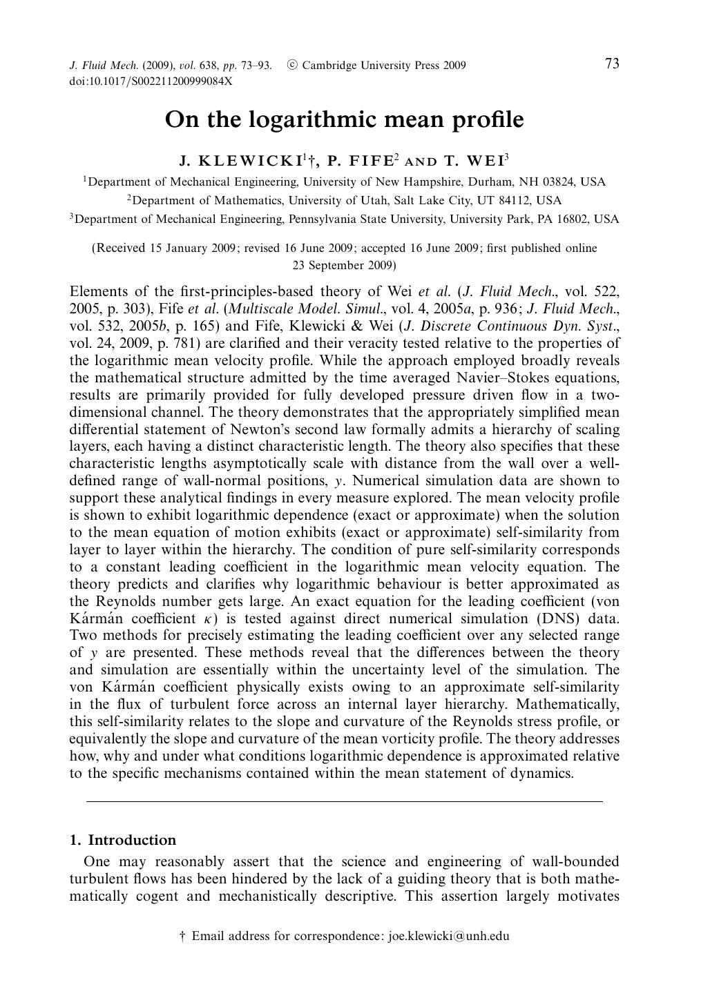 On the logarithmic mean profile by J. KLEWICKI P. FIFE T. WEI