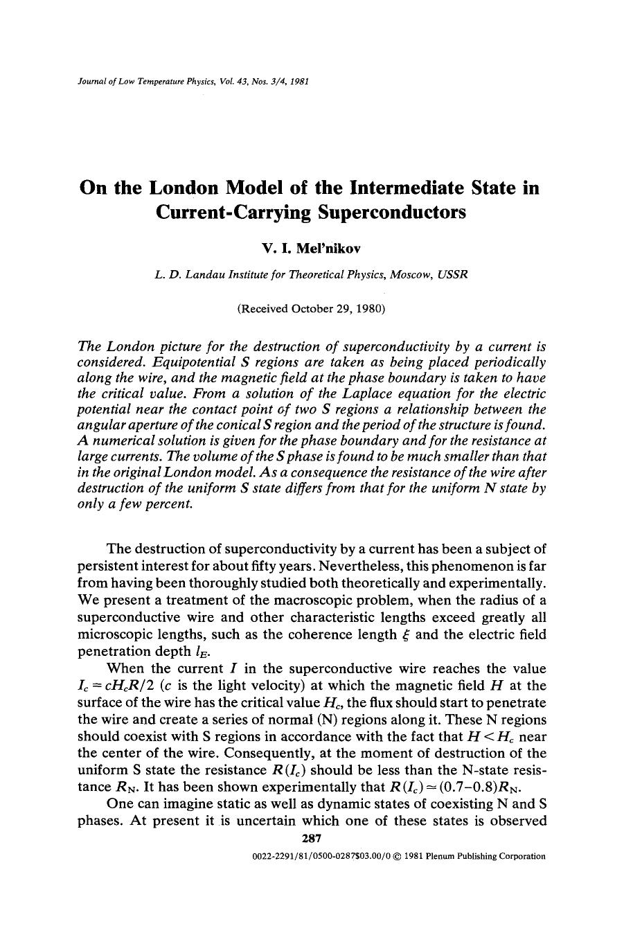On the london model of the intermediate state in current-carrying superconductors by Unknown