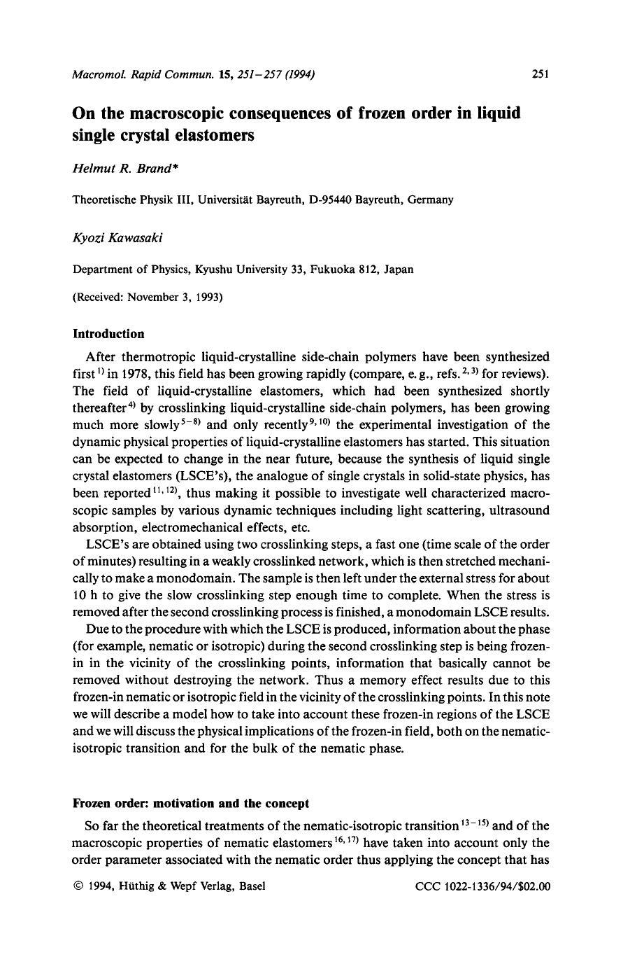 On the macroscopic consequences of frozen order in liquid single crystal elastomers by Unknown