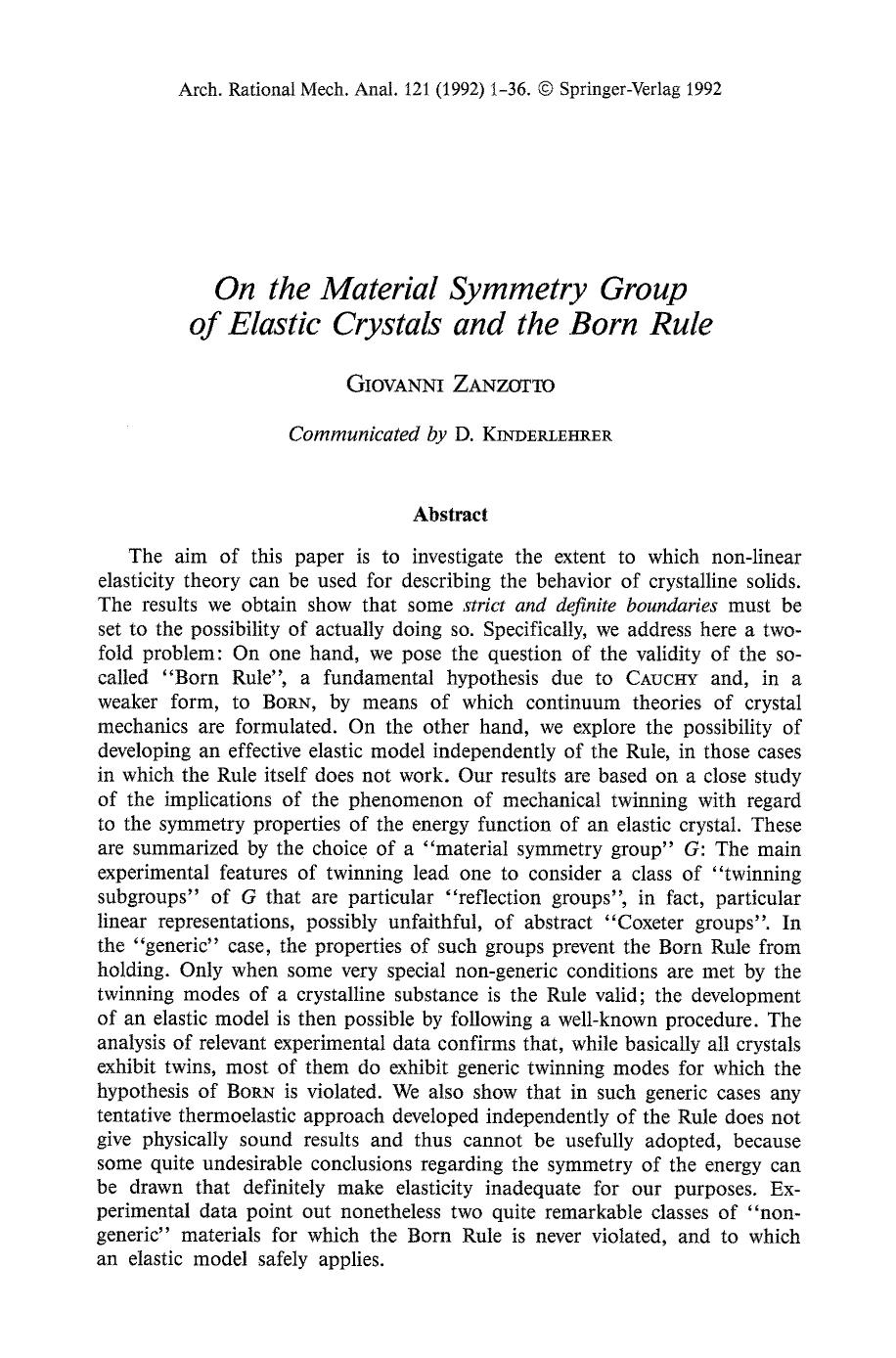 On the material symmetry group of elastic crystals and the Born Rule by Unknown