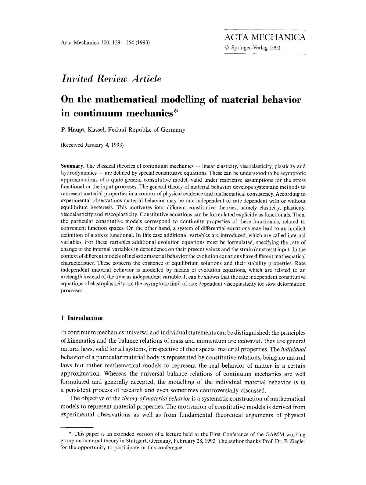 On the mathematical modelling of material behavior in continuum mechanics by Unknown